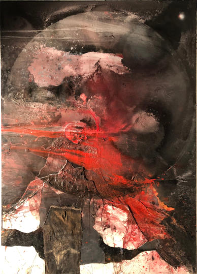 L’ARCAICO SACRIFICALE E IL TEMPO ULTIMALE,  2009/2022, Vinilici, vetro, PVC su tela – cm. 210 x 150