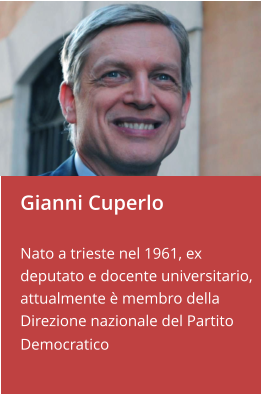 Gianni Cuperlo  Nato a trieste nel 1961, ex deputato e docente universitario, attualmente è membro della Direzione nazionale del Partito Democratico