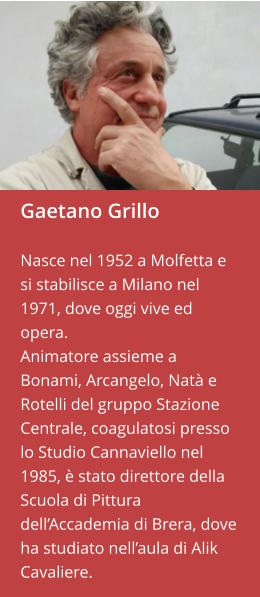 Gaetano Grillo  Nasce nel 1952 a Molfetta e si stabilisce a Milano nel 1971, dove oggi vive ed opera. Animatore assieme a Bonami, Arcangelo, Natà e Rotelli del gruppo Stazione Centrale, coagulatosi presso lo Studio Cannaviello nel 1985, è stato direttore della Scuola di Pittura dell’Accademia di Brera, dove ha studiato nell’aula di Alik Cavaliere.