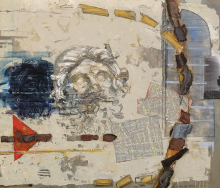 A.Venditti,"L’arco di Ulisse", 2020, olio su tela e collage, cm 70x80